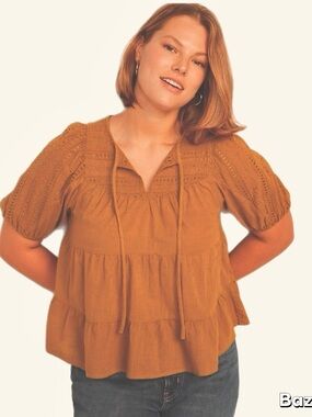 NWT Rust Colored V Neck Puff Sleeve Tiered Boho Peasant Blouse